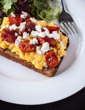 Bain Marie Scrambled Eggs with Roasted Tomatoes and Goat Cheese