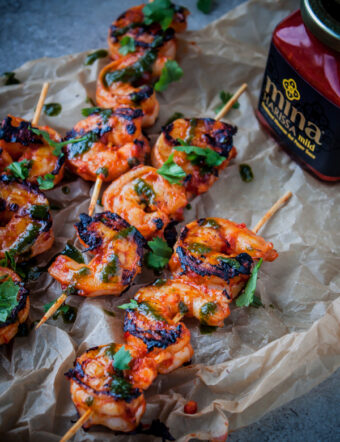 Grilled Harissa Shrimp Skewers with Basil Oil