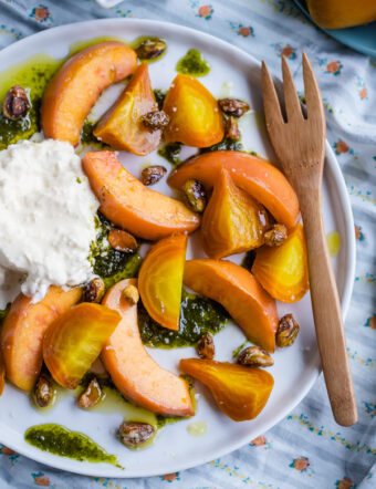 Roasted Beet Peach and Burrata Salad with Basil Oil and Candied Pistachios