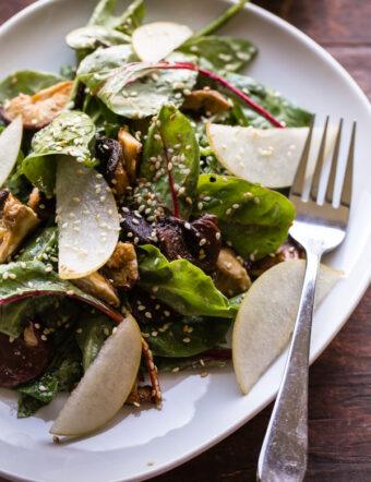 Roasted Shiitake and Asian Pear Salad with Miso-Sesame Vinaigrette