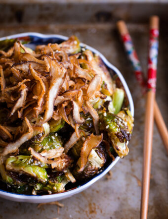 Asian Roasted Brussels Sprouts with Crispy Fried Shiitake Mushrooms