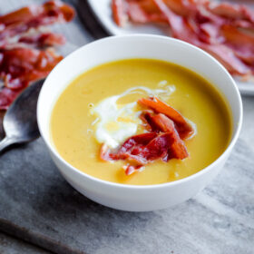 Butternut Squash and Leek Soup with Crispy Prosciutto and Creme Fraîche