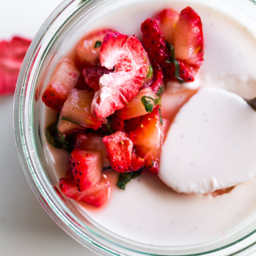 Strawberry Buttermilk Panna Cotta with Macerated Strawberries and Basil