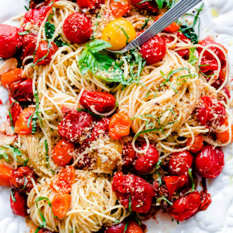 Spaghettini With Roasted Tomatoes, Fresh Basil, And Toasted Garlic 