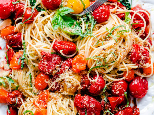 Spaghettini with Roasted Tomatoes Fresh Basil and Toasted Garlic Breadcrumbs