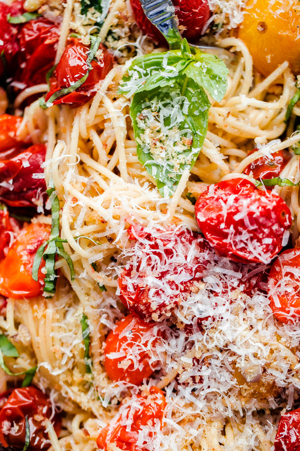 Spaghettini With Roasted Tomatoes, Fresh Basil, And Toasted Garlic 