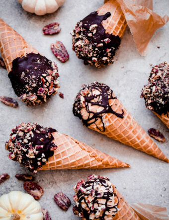 Pumpkin Ice Cream Drumsticks with Chocolate and Candied Pecans