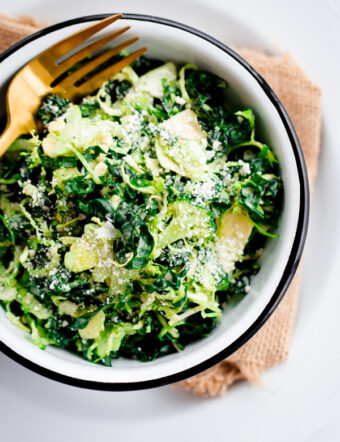 Brussels Sprout, Kale, and Broccoli Salad with Truffle Parmesan Dressing. Hearty and filling!