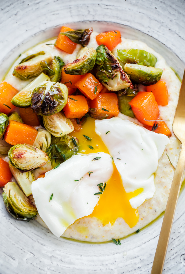 Creamy Goat Cheese Grits with Roasted Brussels Sprouts and Squash and ...