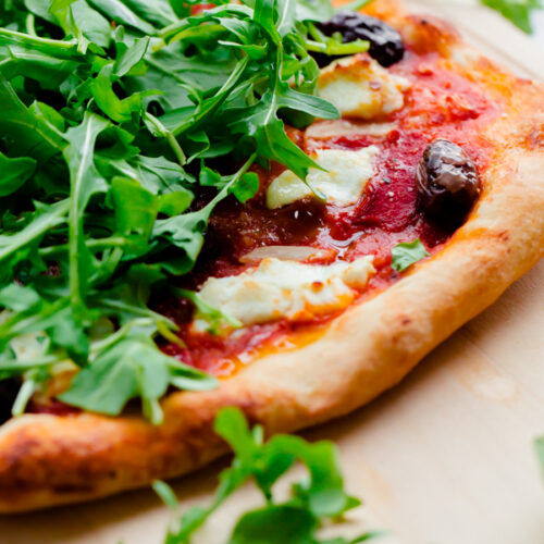 Spicy Red Pepper, Goat Cheese, Olive, and Arugula Pizza - A Beautiful Plate