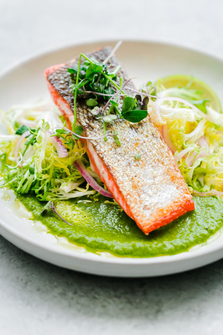 Seared Sockeye Salmon with Green Chile Adobo Sauce and Frisée Salad A