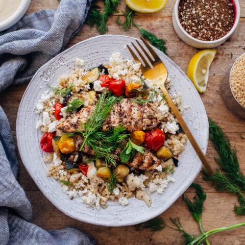 Za'atar Grilled Chicken Bulgur Bowls with Tahini Sauce - A Beautiful Plate