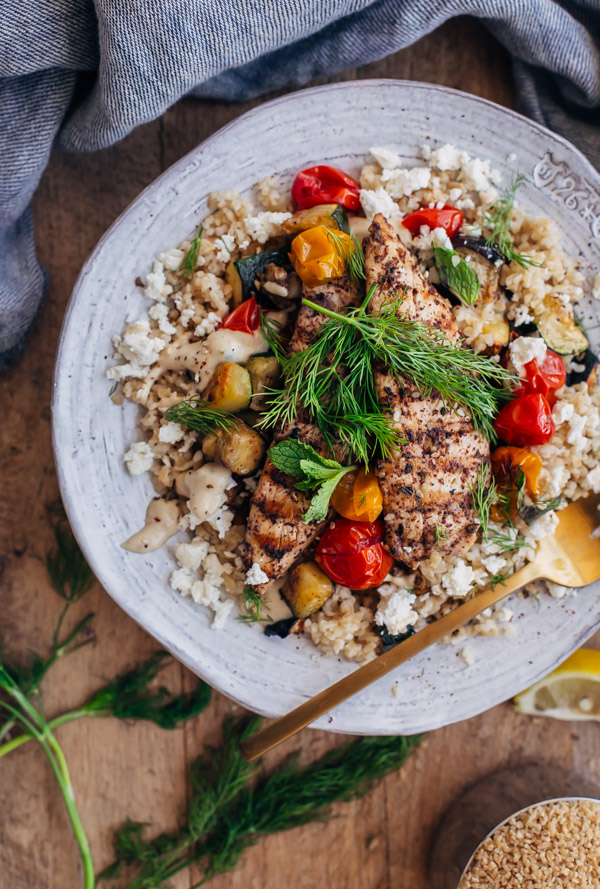 Za'atar Grilled Chicken Bulgur Bowls with Tahini Sauce - A Beautiful Plate