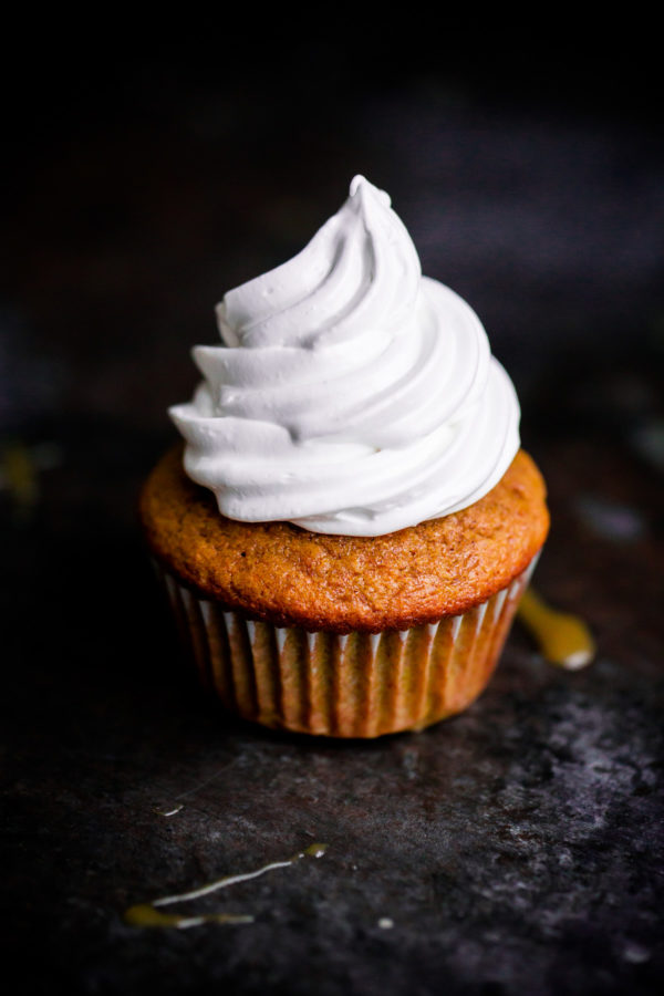 EASY Pumpkin Cupcakes topped with marshmallow frosting!