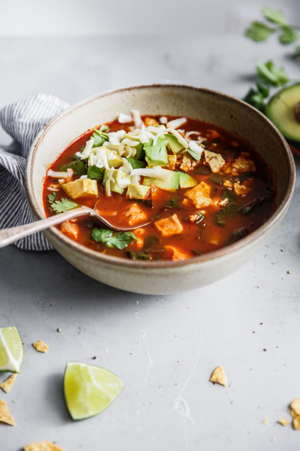 Mexican Tortilla Soup in Bowl with Toppings